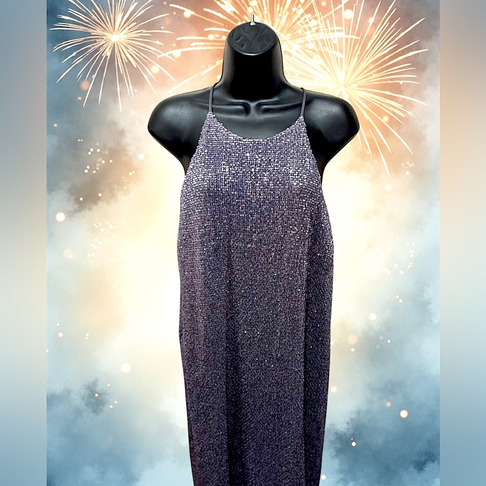 NWT Sexy Halston Sleeveless Silver Sequined Midi Dress - Picture 3 of 7